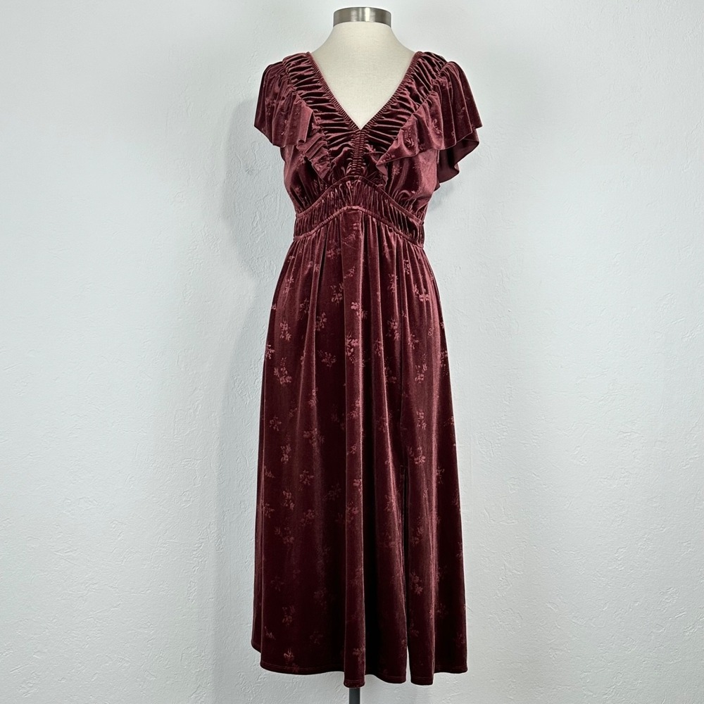 Cottagecore Velvet Midi Dress Size Medium Maroon Ruffle Embossed Floral Leg Slit